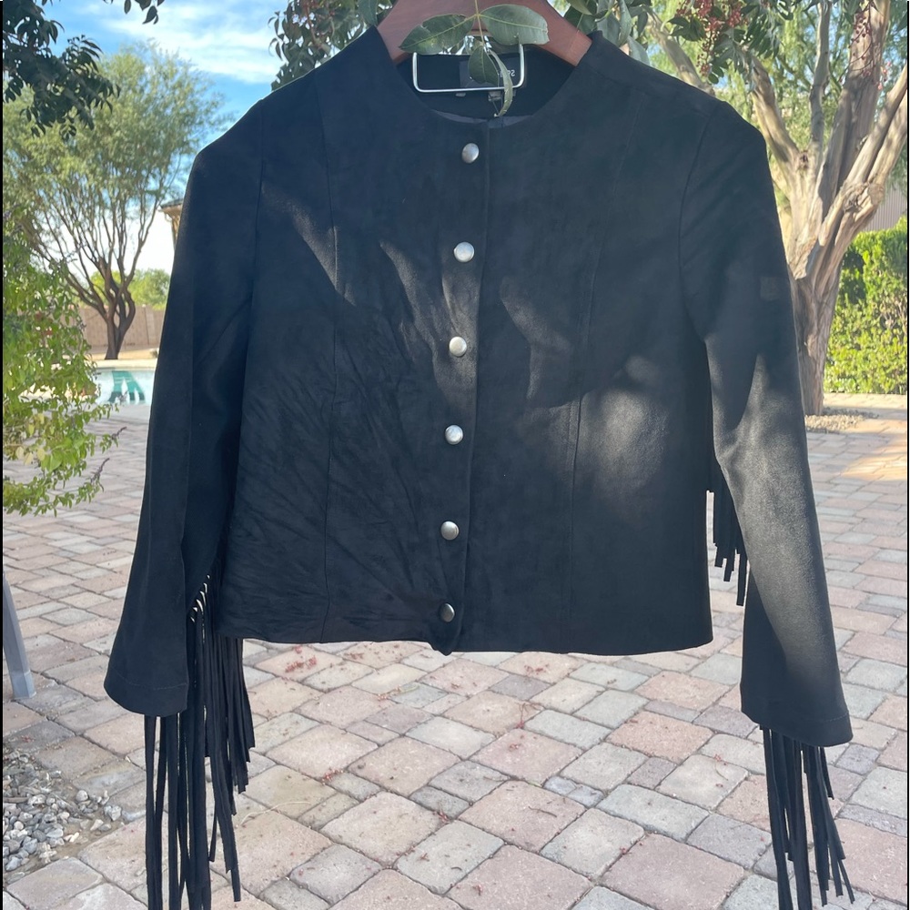 Black faux sued fringed jacket